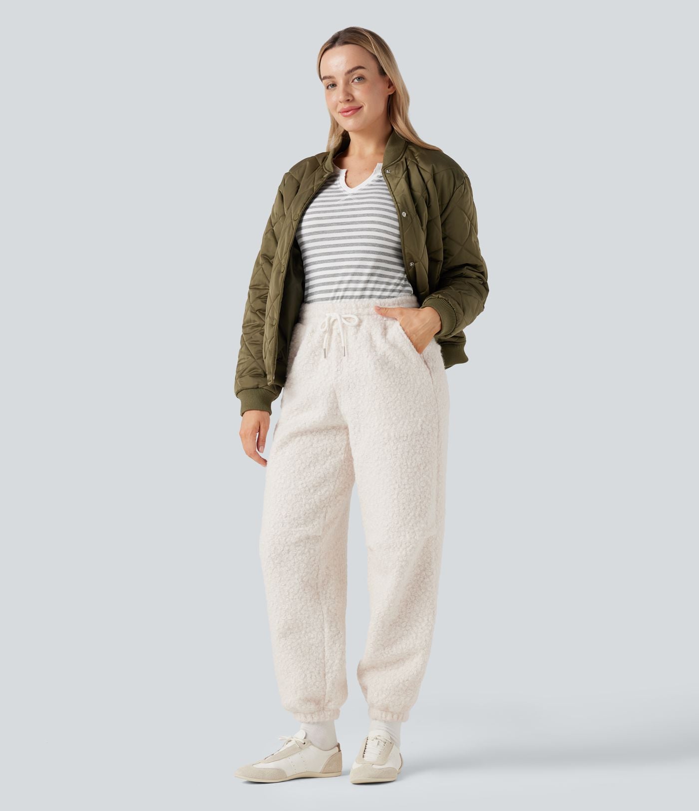Jogging décontracté en teddy taille mi-haute avec cordon et poches