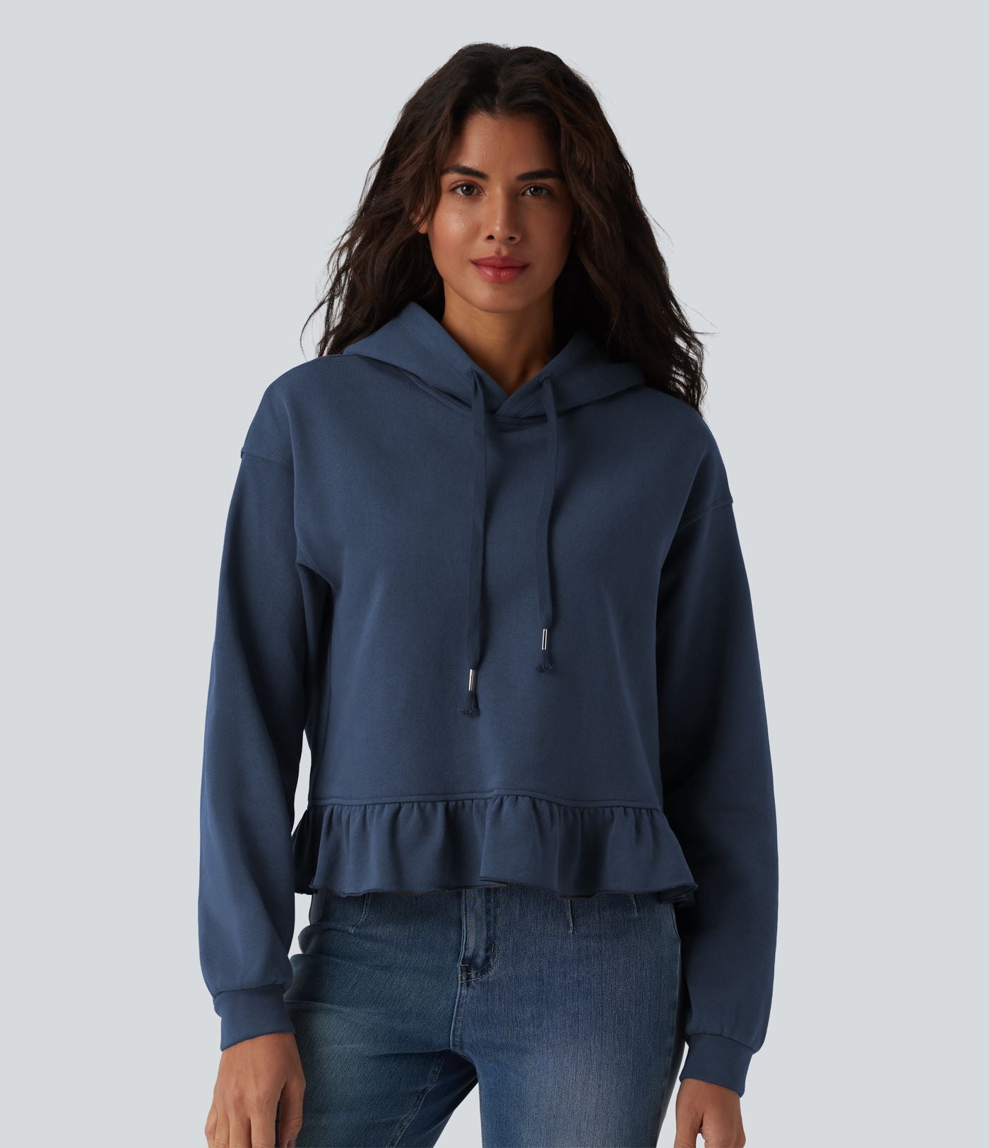 Sweat-shirt décontracté en coton à capuche avec cordon de serrage manches longues ourlet à volants