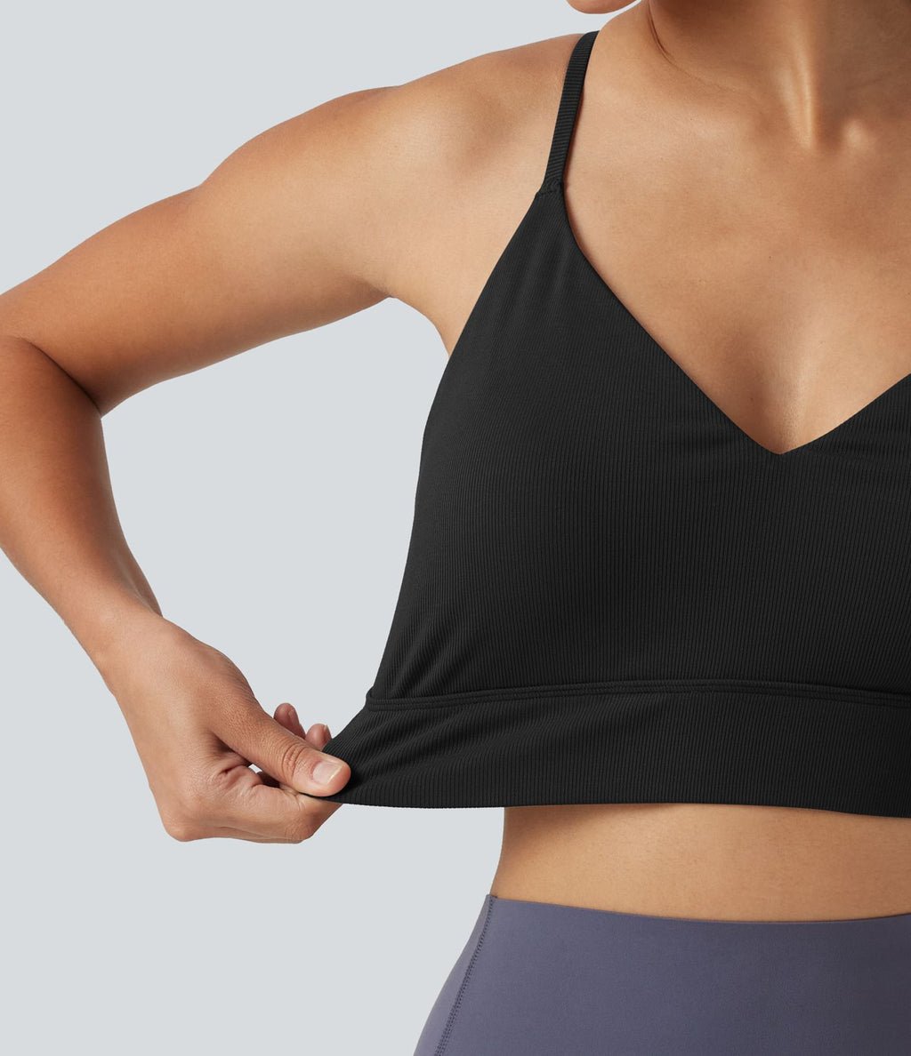 Brassière de yoga côtelée maintien léger à col V avec bretelles croisées et coussinets amovibles