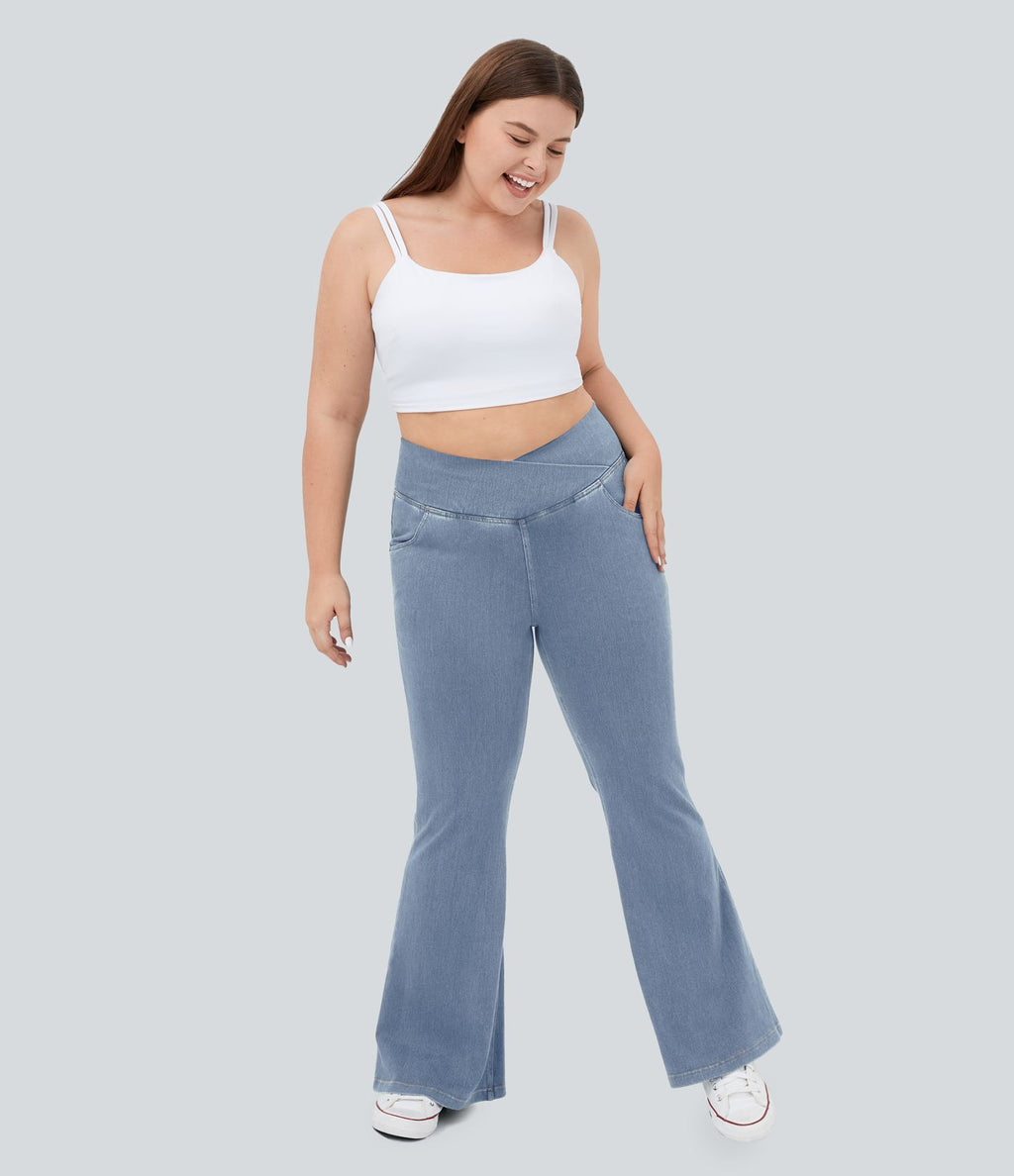 Jean super évasé Halara Flex™ grande taille en maille denim extensible délavée taille haute avec poches croisées effet frais InstantCool respirant