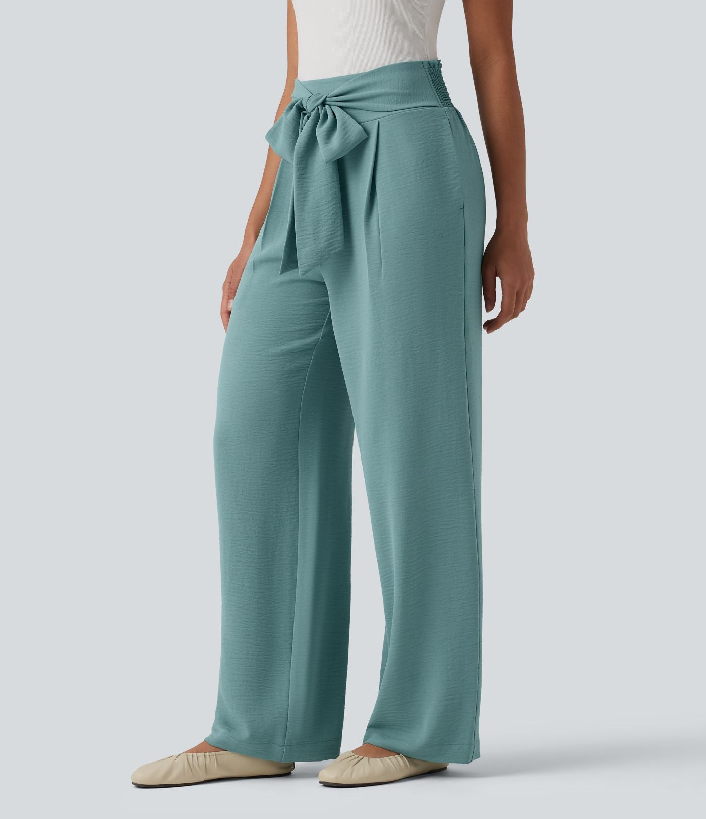 Pantalon droit décontracté aspect lin taille haute à nouer devant avec poches