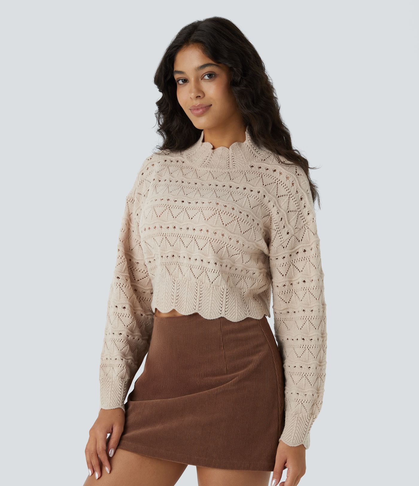 Pull décontracté à col montant, manches évêque, ourlet festonné et maille ajourée