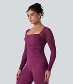 Top de sport yoga SoftlyZero™ Plush froncé mesh contrastant col carré manches longues
