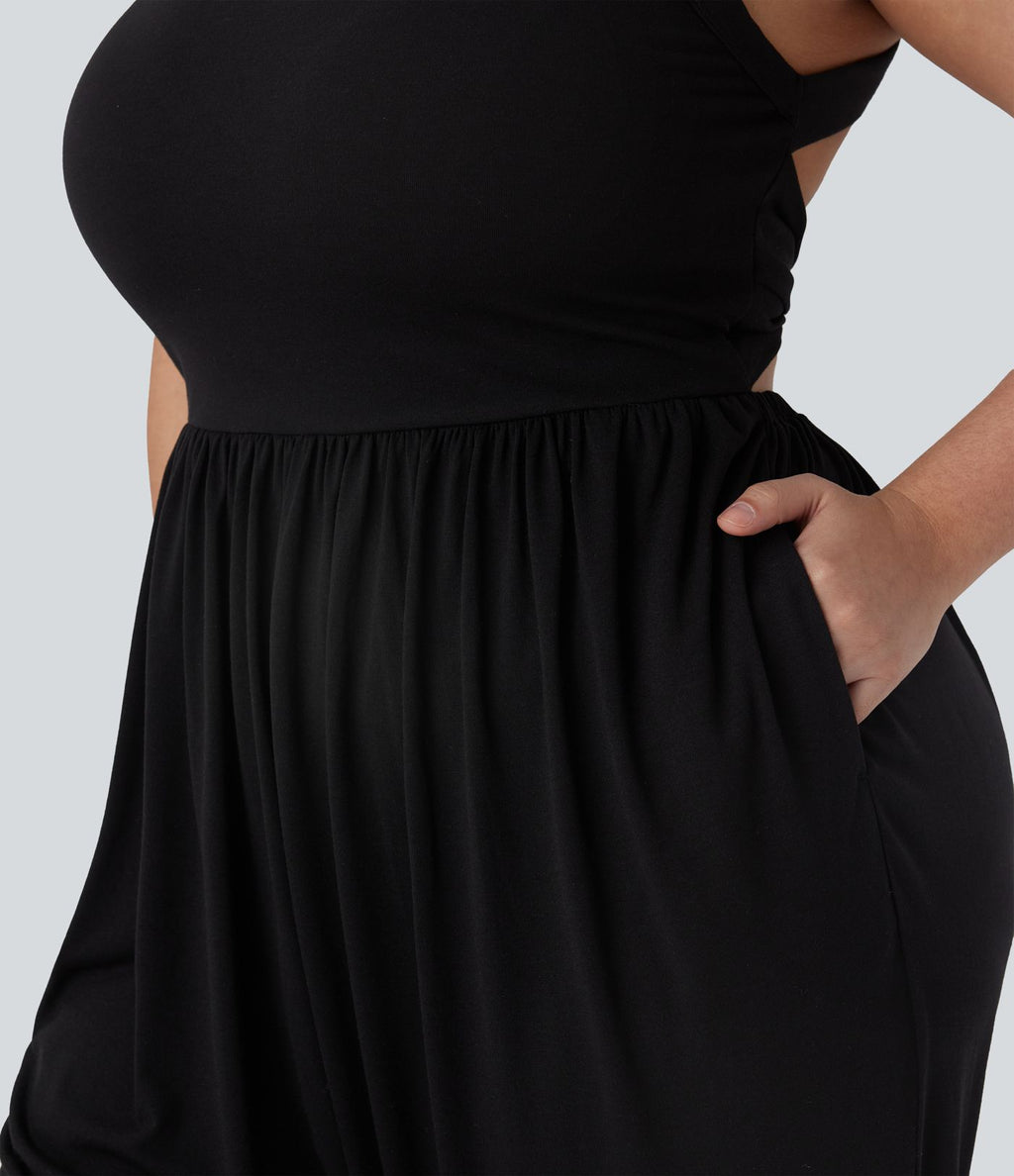 Combinaison sarouel dos nu torsadée grande taille avec poche latérale - Édition facile à enfiler