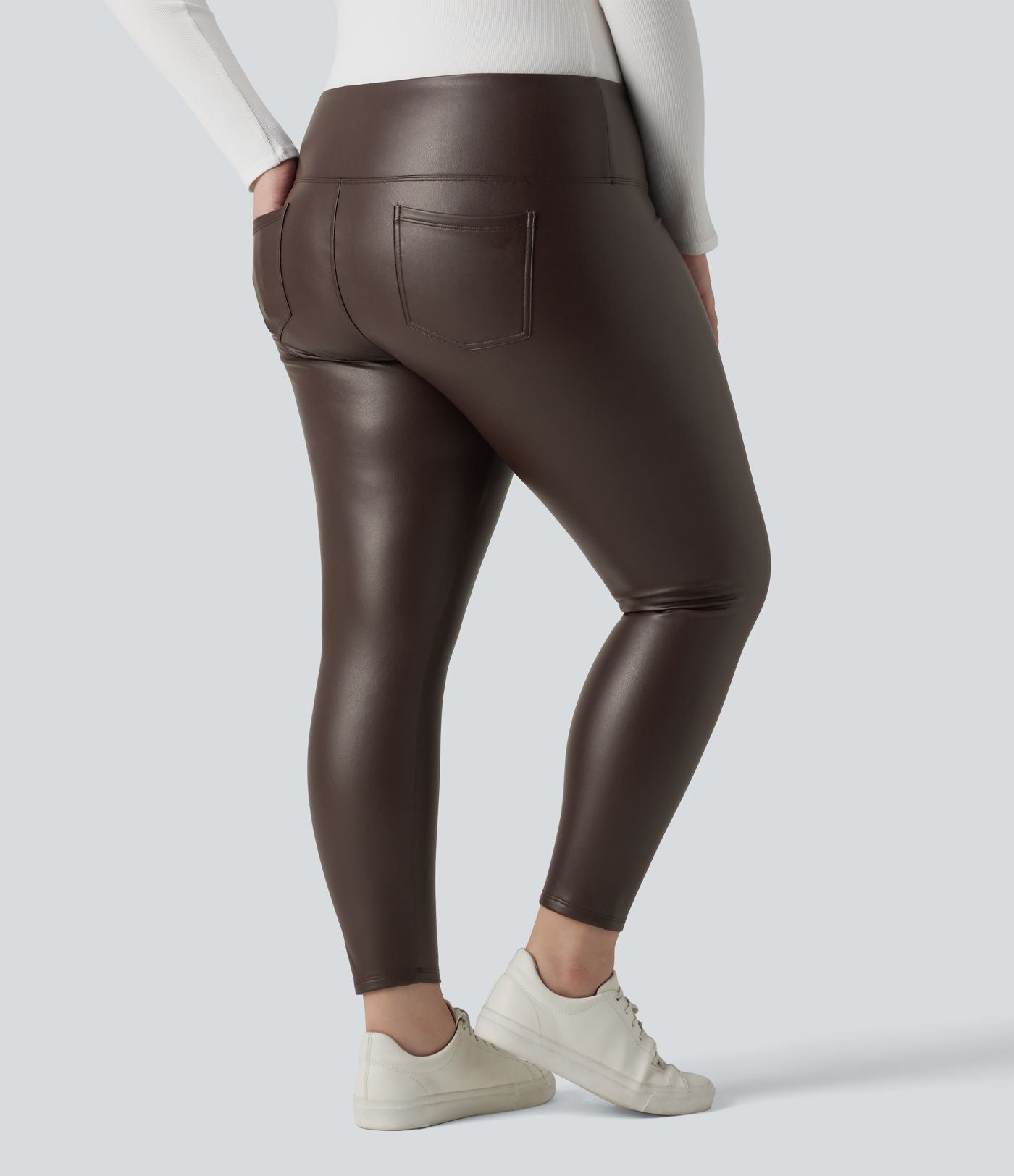 Leggings 7/8 grande taille en simili extensible effet ventre plat, taille haute, intérieur polaire, avec poches