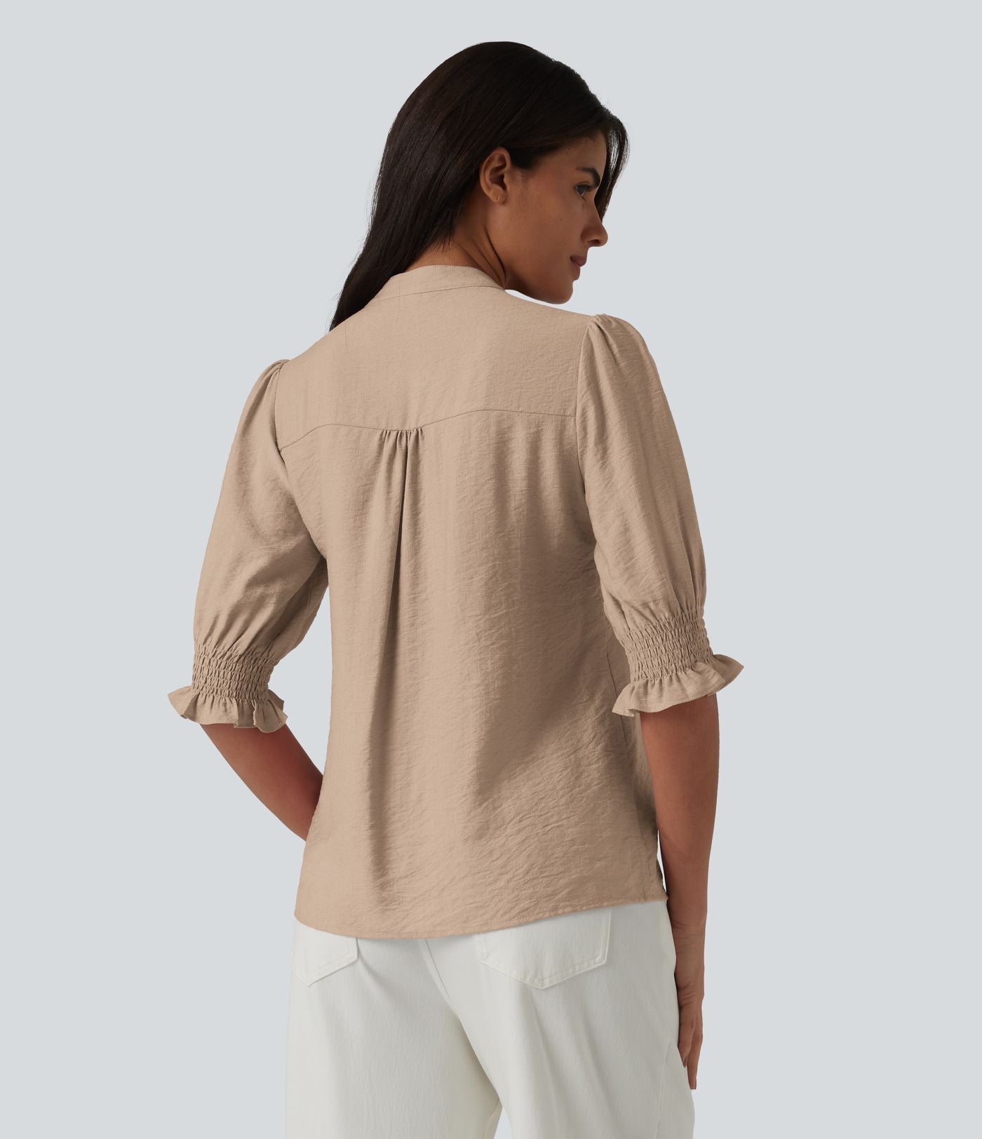 Blouse décontractée à col en V et manches courtes bouffantes
