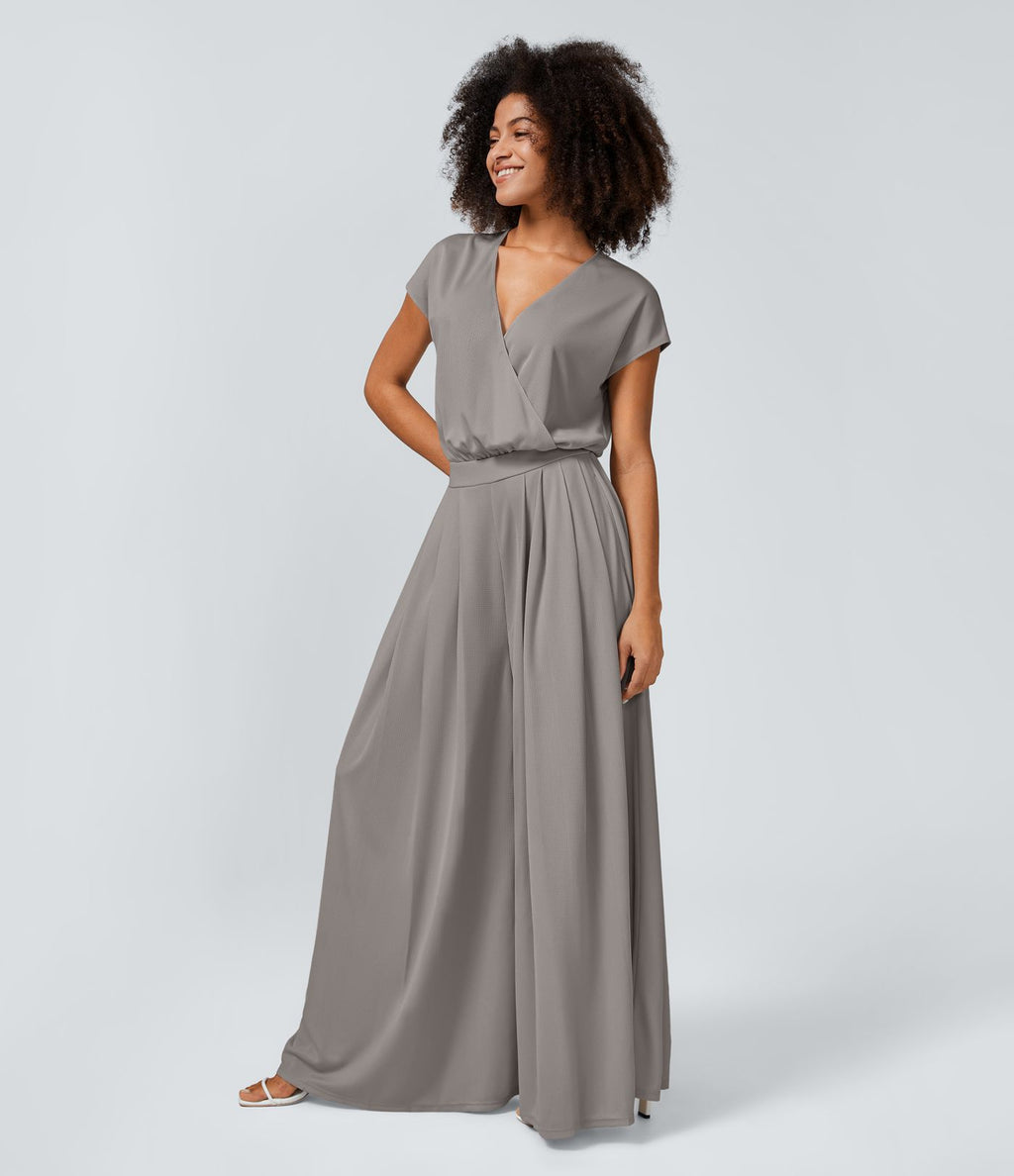 Combinaison Casual Col en V Jambes Large Plissée Manches Courtes Poche Latérale Gaufrée Fluide