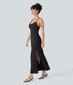 Robe Soirée Midi Encolure Côtelée Dos Nu Lacets Croisés Fendue