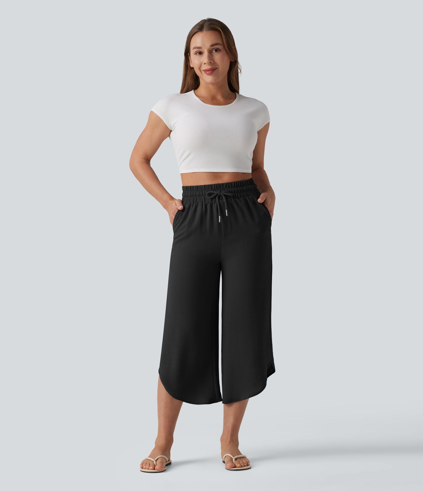 Pantalon casual 7/8 taille haute aspect lin à cordon de serrage et ourlet arrondi avec poches
