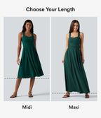 Robe longue fluide décontractée sans manches décolleté en cœur bretelles croisées avec lien dans le dos et poches