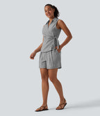 Chemise décontractée aspect lin sans manches col cache-cœur avec lien latéral