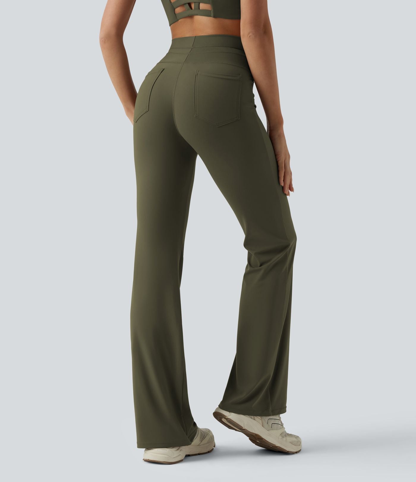 Pantalon de yoga évasé taille haute avec cordon de serrage uni et poches