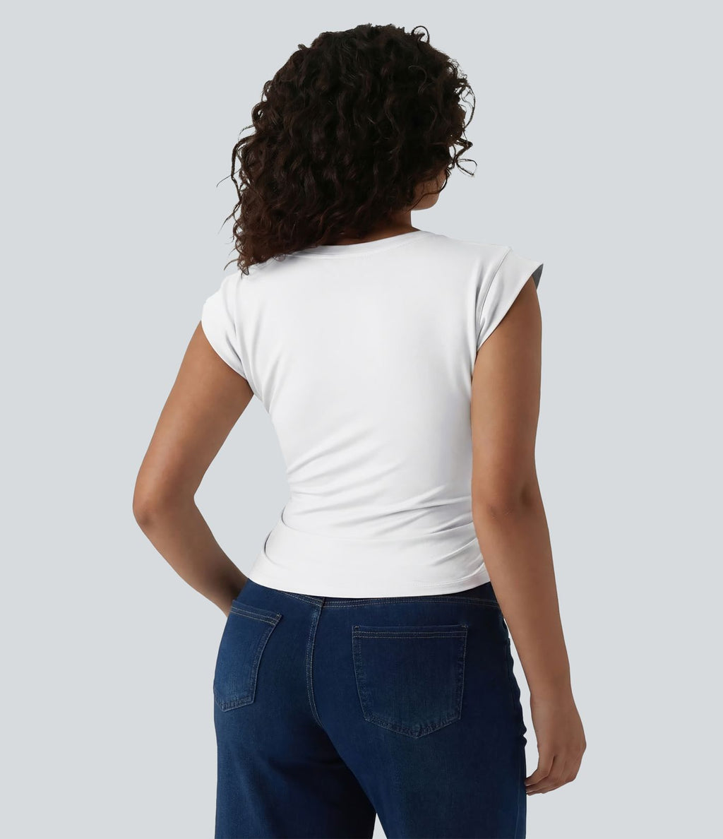 T-shirt décontracté col V manches courtes ourlet arrondi froncé