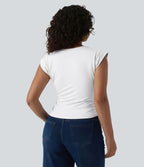 T-shirt décontracté col V manches courtes ourlet arrondi froncé