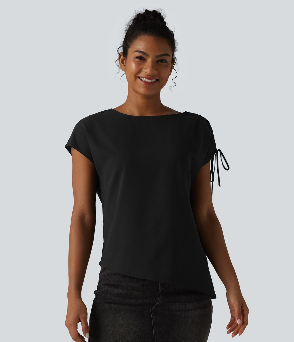 T-shirt tailleur en mousseline infroissable col bateau avec cordon de serrage et ourlet asymétrique