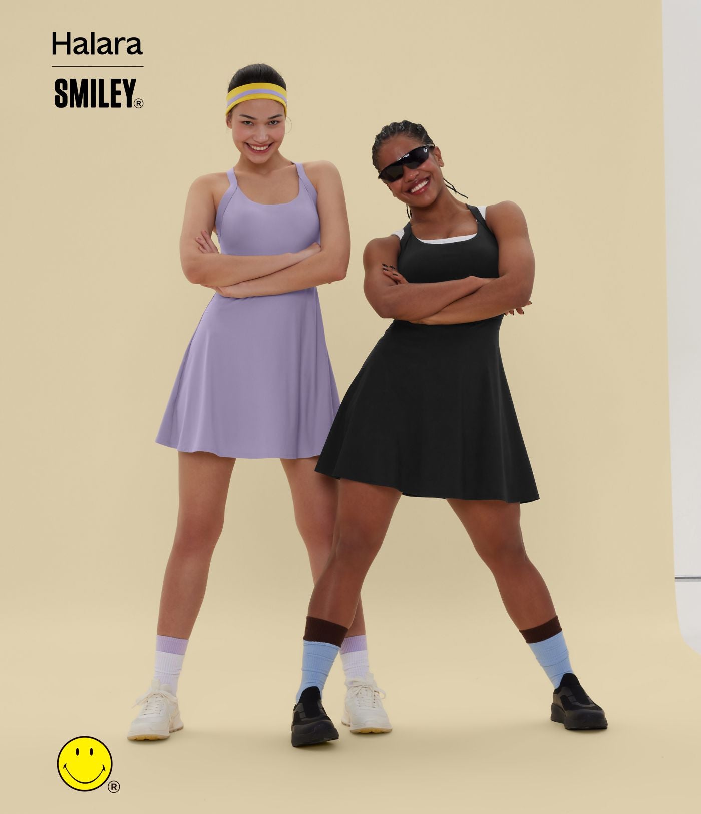 Robe sport évasée dos ouvert torsadé Halara X Smiley® SoftlyZero™ Airy avec poches – Longueur allongée – Édition Easy Peasy – Bonnets A à D