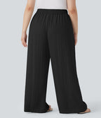 Pantalon décontracté grande taille large fluide taille haute effet lin avec cordon de serrage et poches