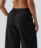 Pantalon cargo décontracté en popeline stretch taille mi-haute, coupe jambe large avec poches