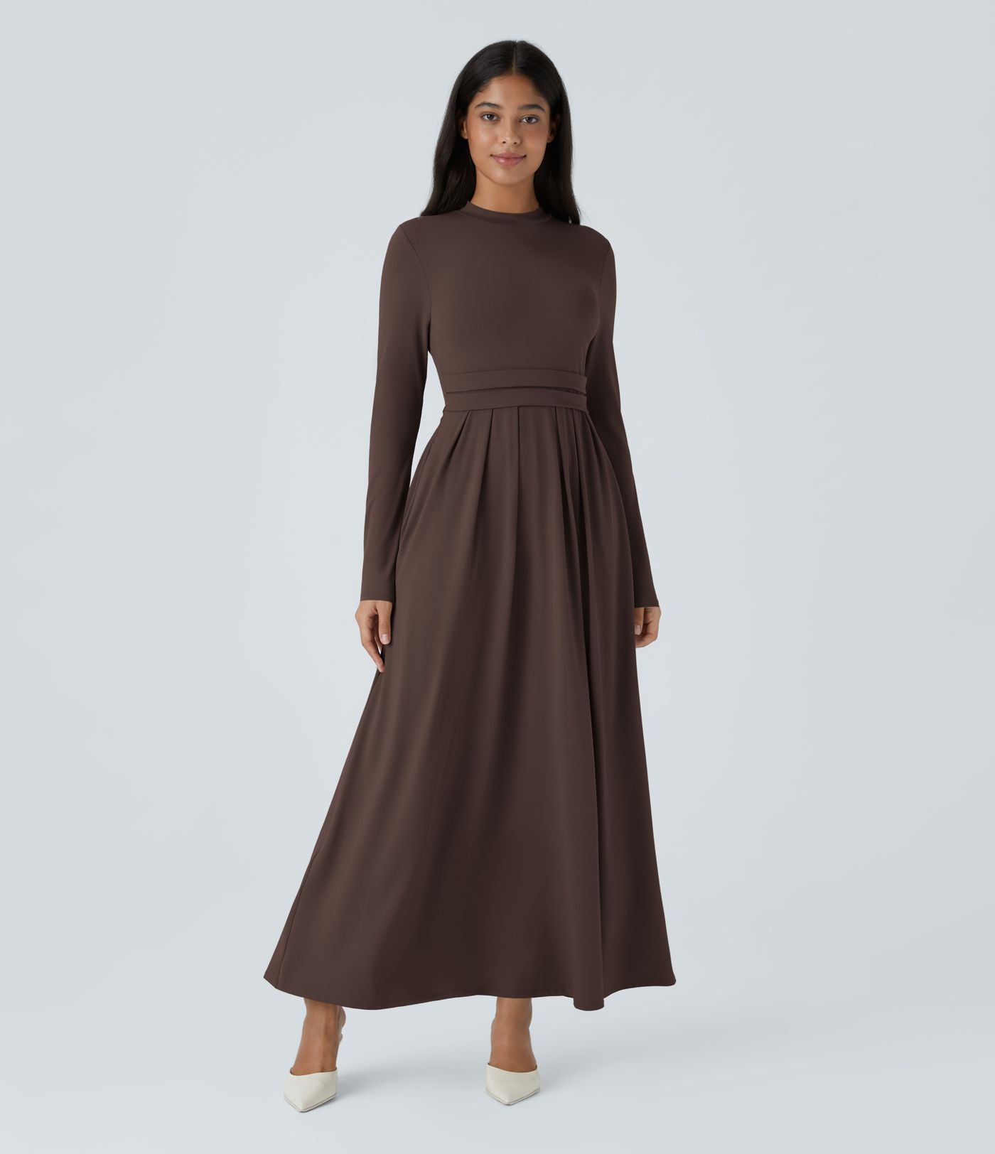 Robe longue décontractée à col montant, manches longues, plissée, avec poches latérales et coupe évasée