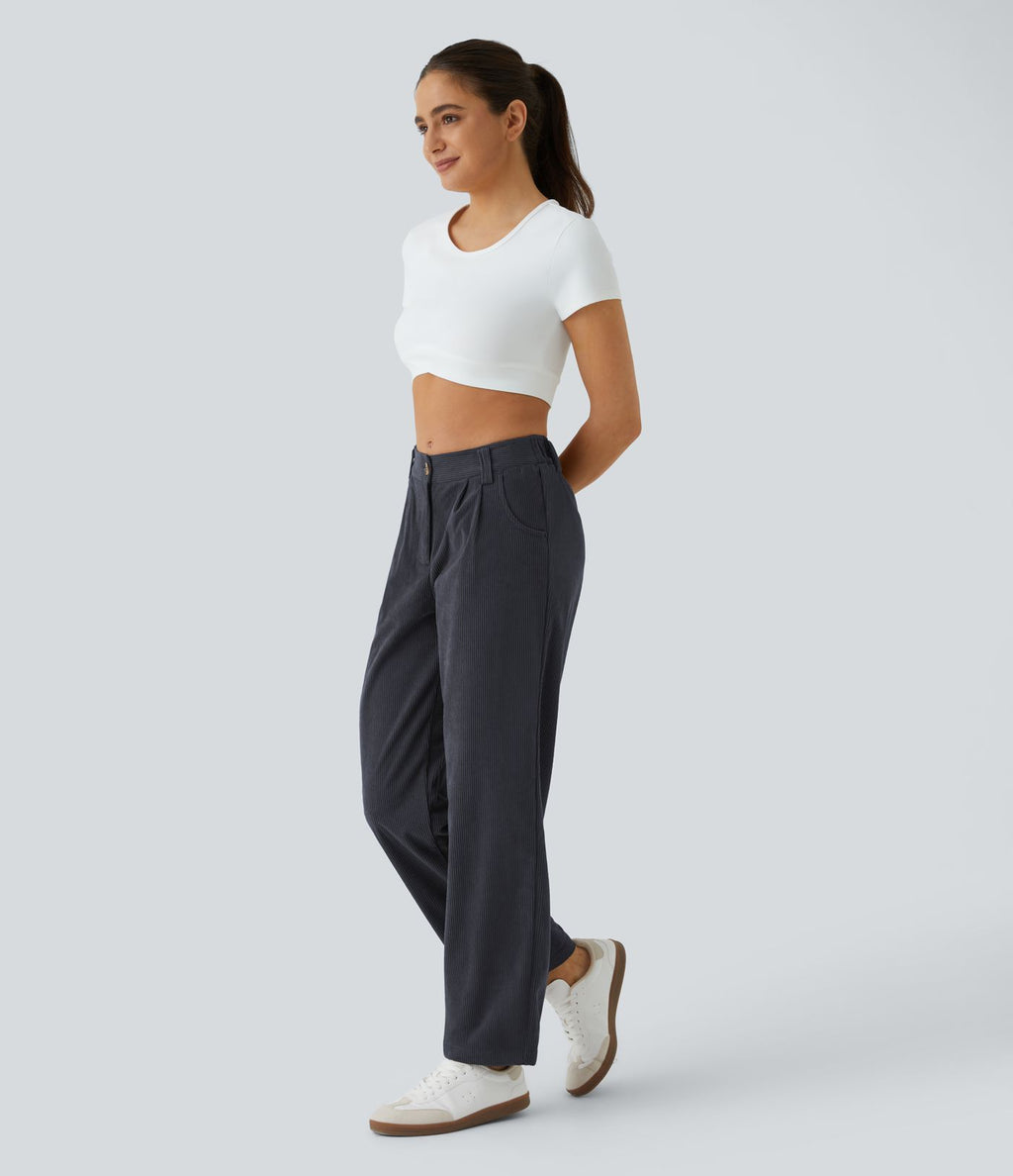 Pantalon en velours côtelé décontracté taille moyenne avec poches latérales