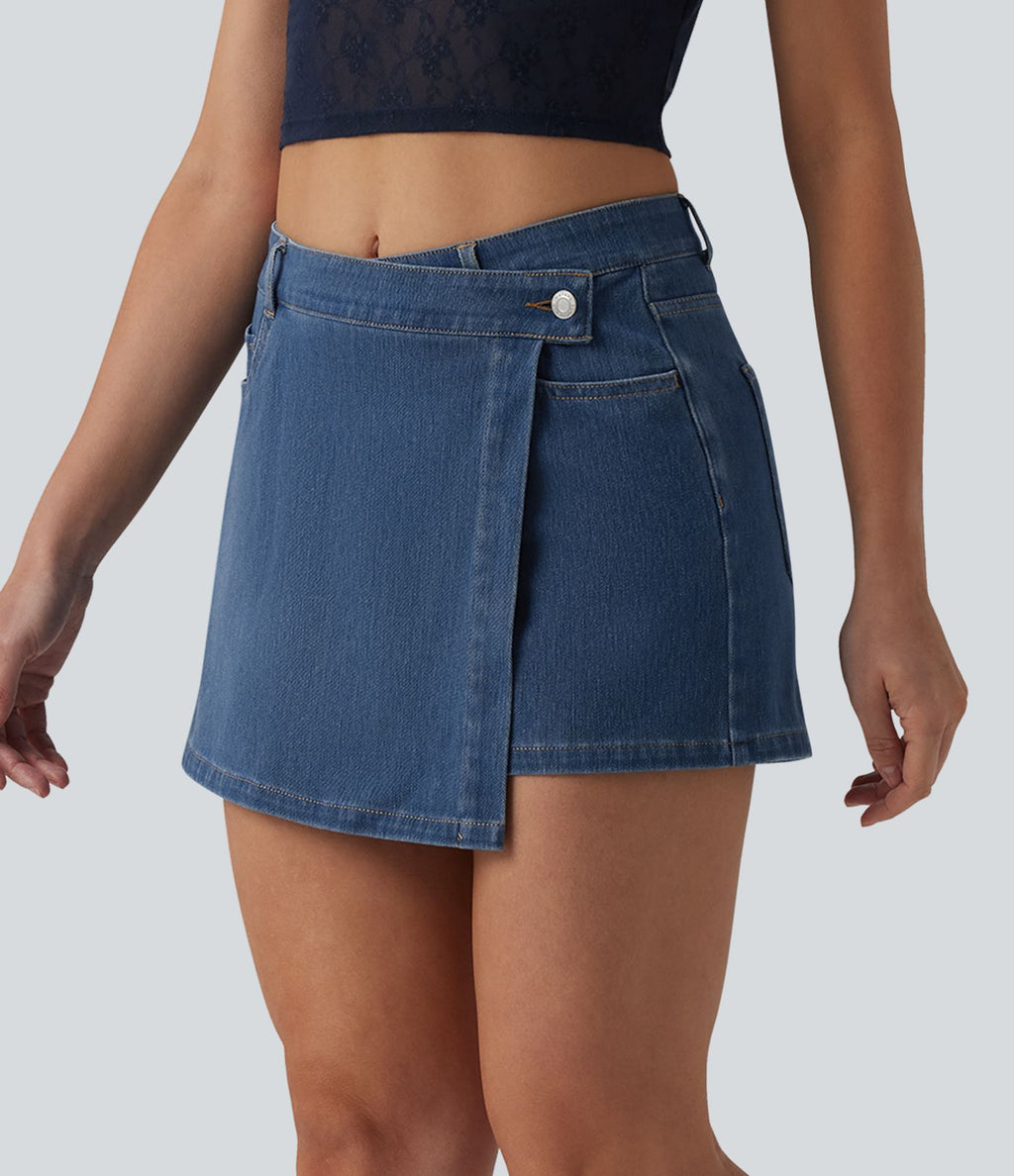 Micro skort jean Halara Flex™  taille mi-haute asymétrique avec poches