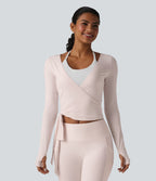 Haut de yoga à manches longues et bretelles croisées, toucher doux, protection solaire UPF50+