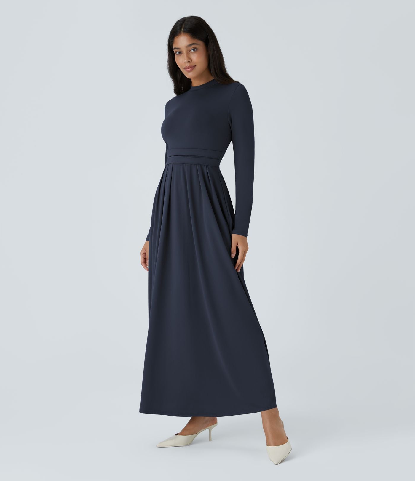 Robe longue décontractée à col montant, manches longues, plissée, avec poches latérales et coupe évasée