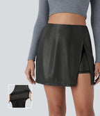 Mini-jupe moulante 2-en-1 SoftlyZero™ taille haute en simili, ourlet, effet sparkle métalisé, extensible avec poches