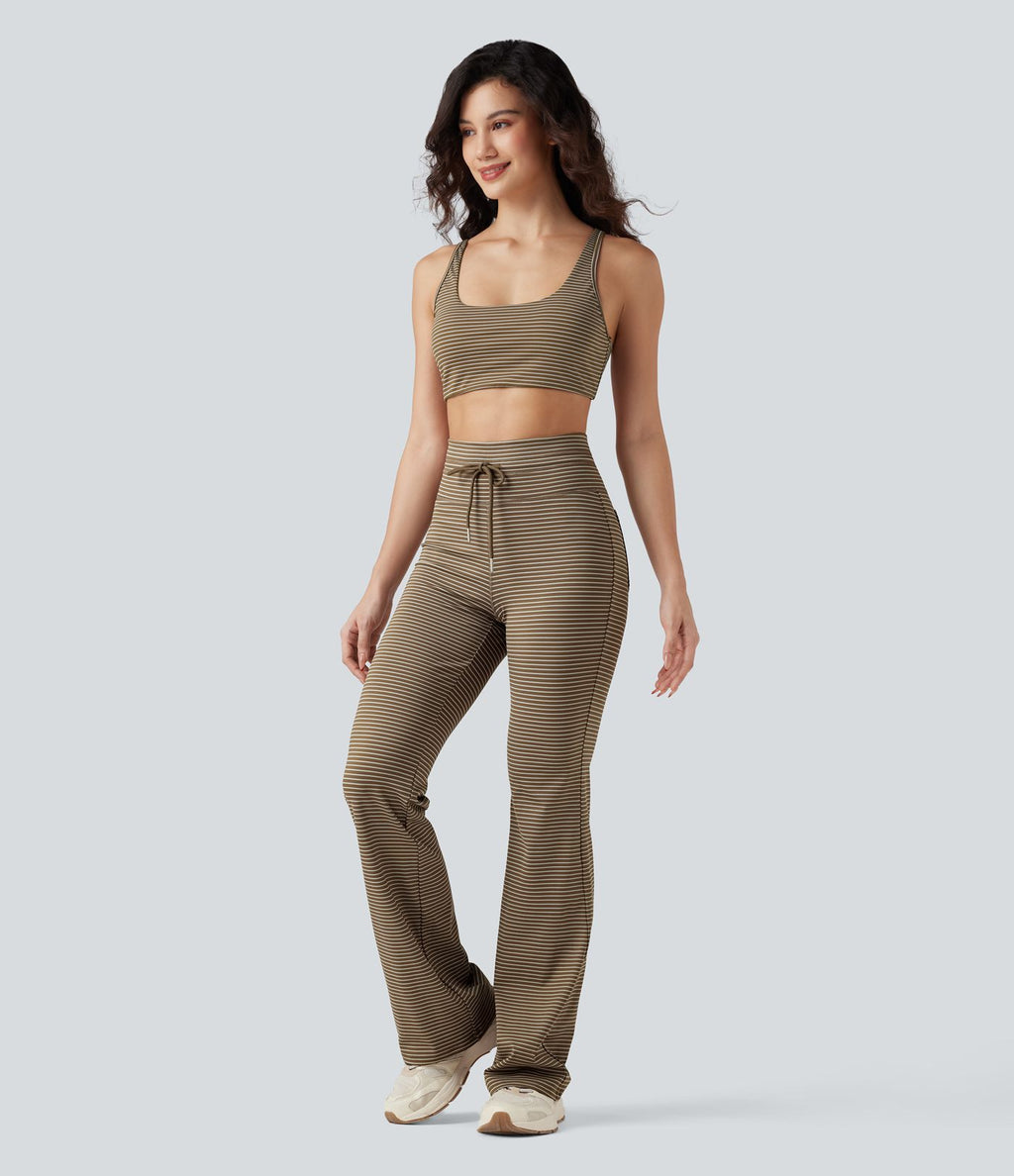 Pantalon de yoga évasé à rayures, taille haute, cordon et poches