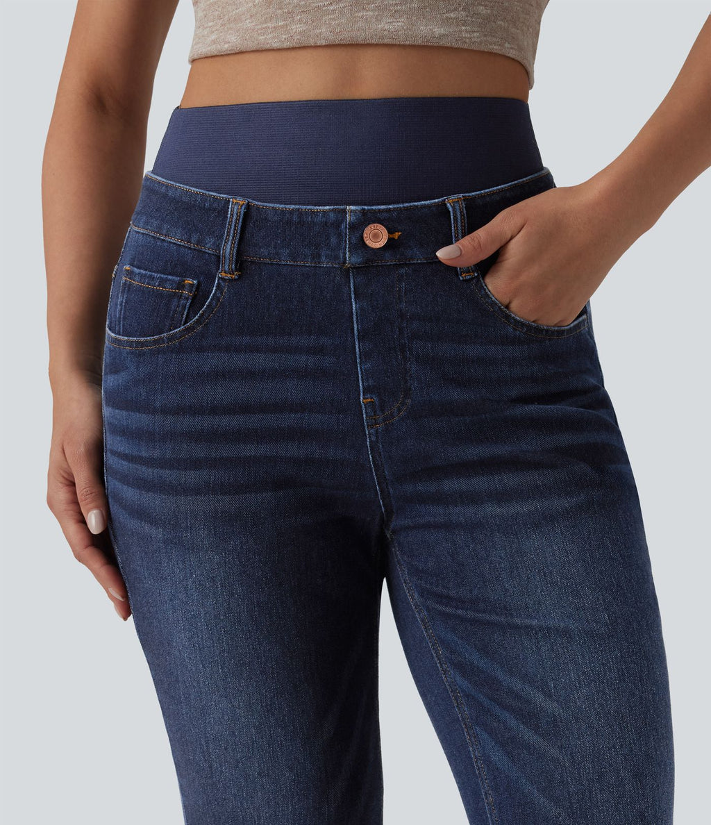 Jean évasé décontracté Halara Flex™ double ceinture gainant taille haute avec poches