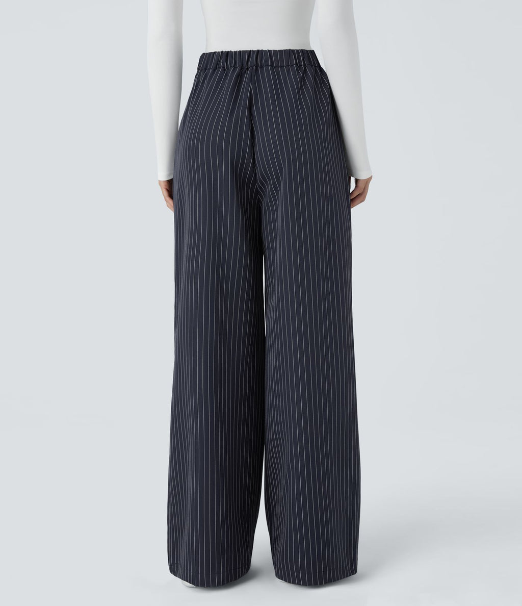 Pantalon Tailleur Large Fluide à Rayures, Taille Haute, Bouton et Fermeture Éclair, Poches Latérales