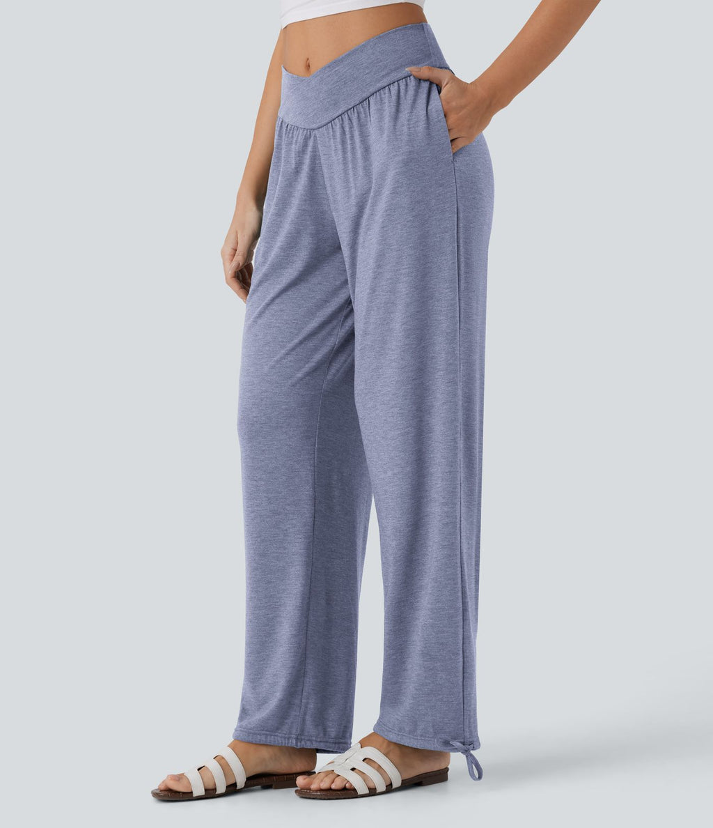 Pantalon de jogging décontracté à taille haute croisée avec poches latérales et cordon de serrage