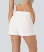 Short 7,5cm Casual à Taille Moyenne avec Ceinture Élastique Cordon de Serrage et Poches Latérales Ruchées