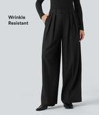 Pantalon tailleur anti-froissement aspect lin taille haute jambe large avec poches