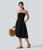 Robe midi trapèze dos-nu à nouer, à poches
