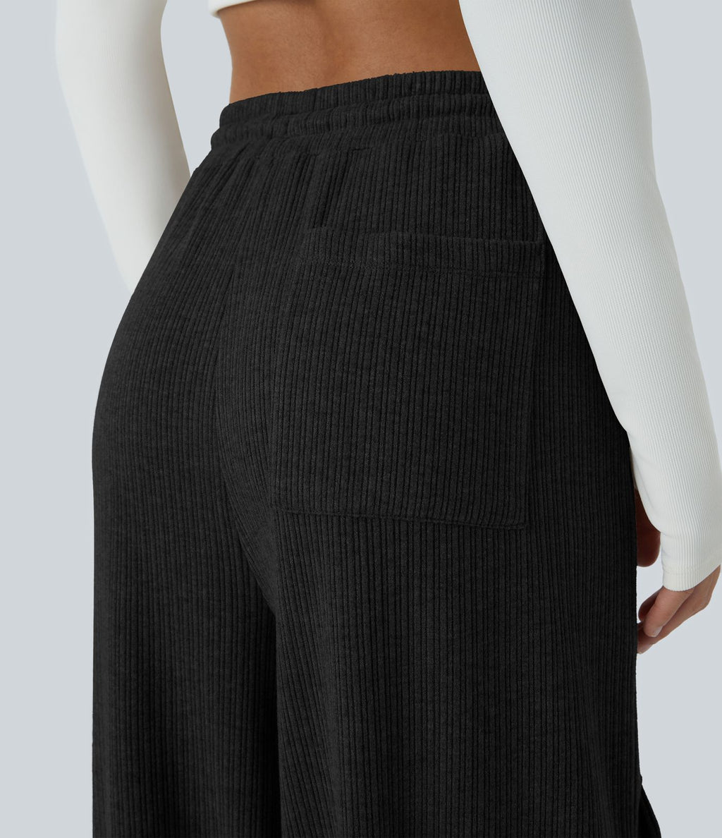 Pantalon cargo décontracté large à cordon côtelé, taille mi-haute, avec poches