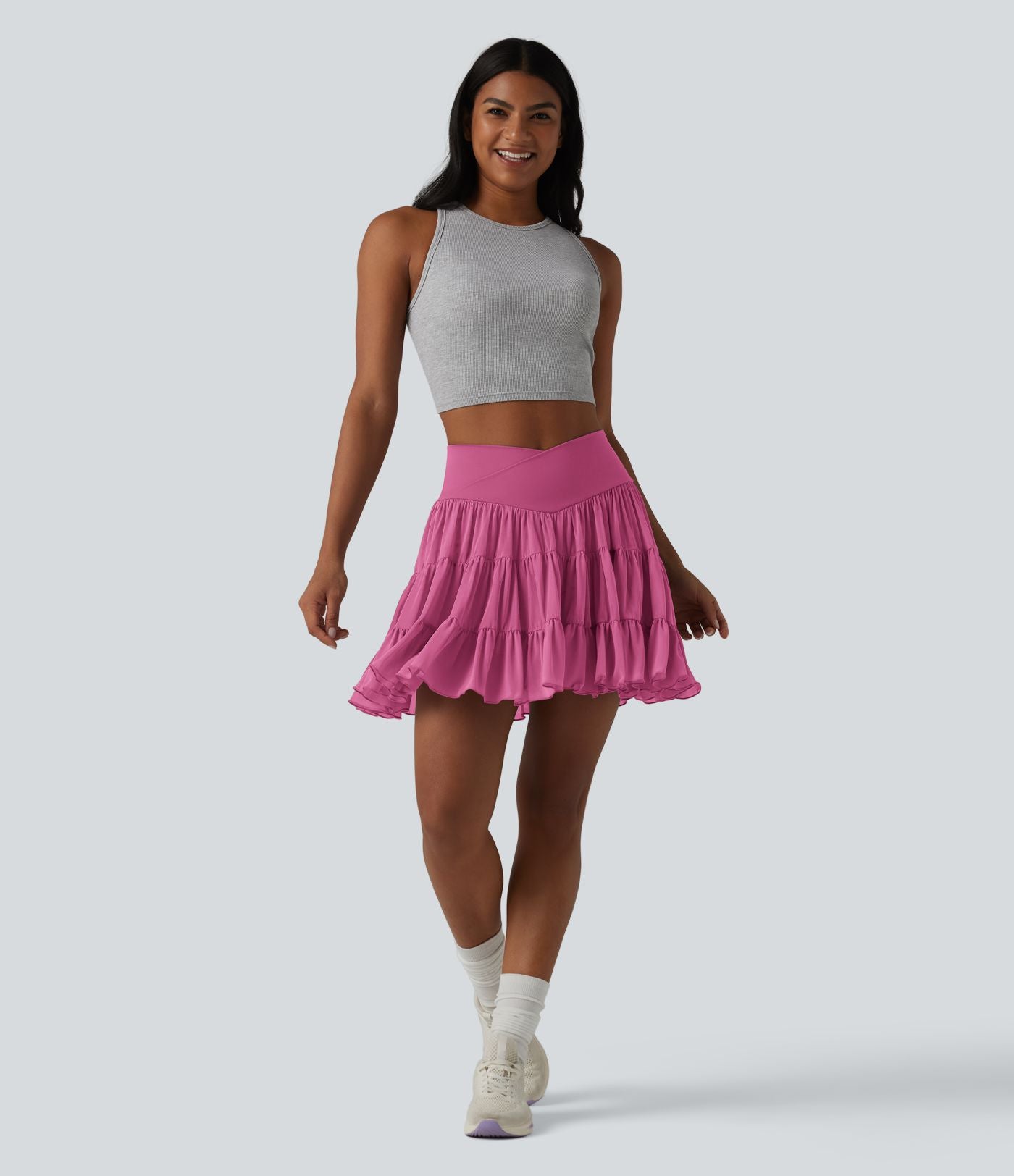 Jupe mini de tennis 2 en 1 croisée évasée taille haute avec poches - longueur allongée