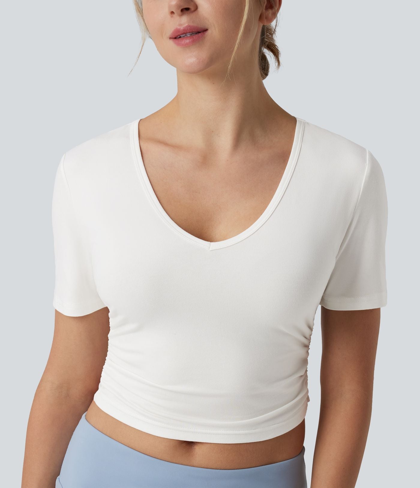 T-shirt décontracté col V manches courtes coupe courte
