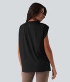 Top de sport yoga ample col rond sans manches avec fronces