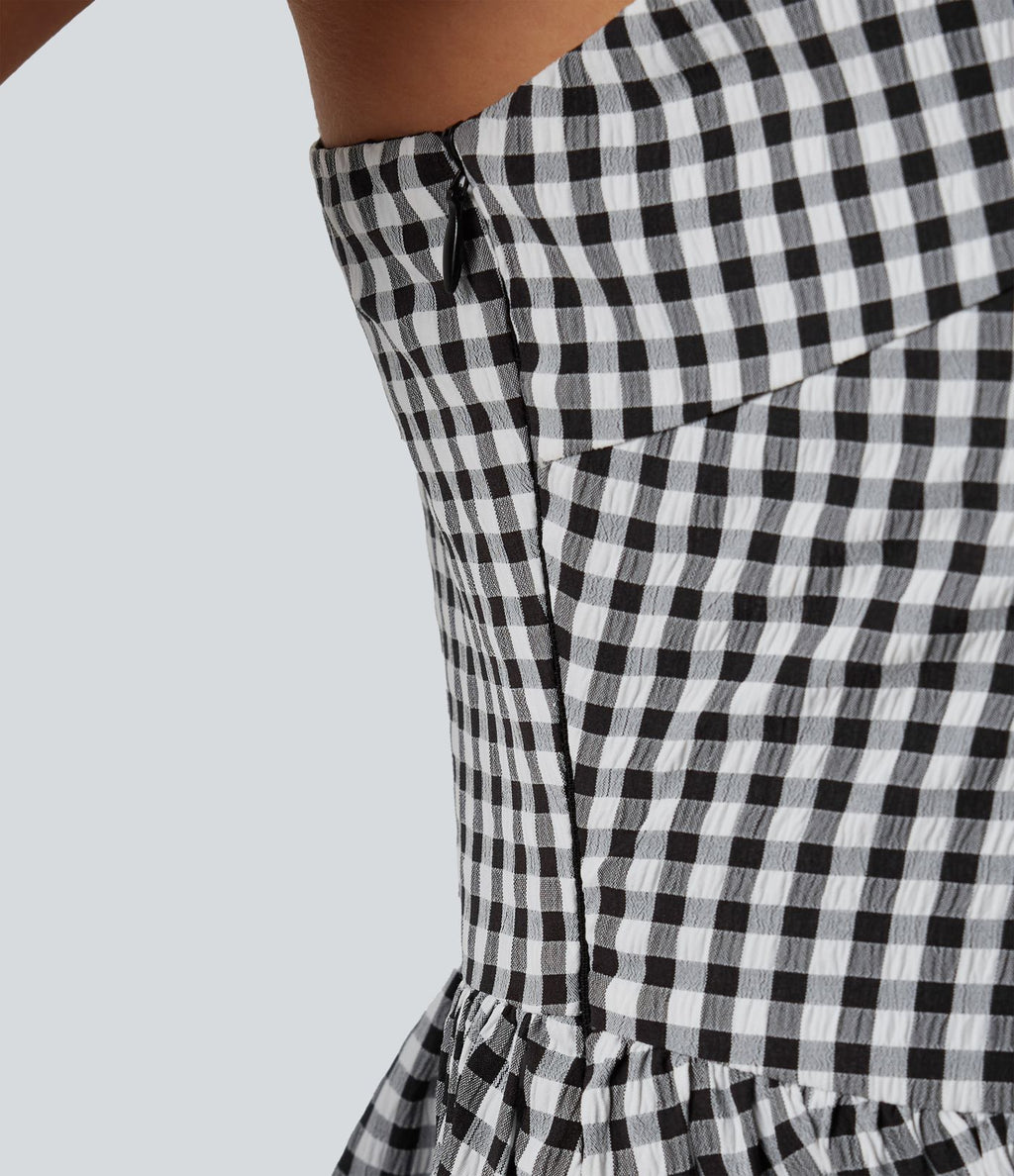 Robe longue fluide décontractée à bretelles motif vichy avec fermeture éclair invisible et poches