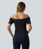 OneForm Seamless Flow Haut de sport de yoga raccourci sans couture épaules dénudées à manches courtes, avec soutien-gorge intégré