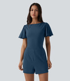 Combishort décontracté SoftlyZero™ Airy à volants manches courtes avec nœud au dos et effet frais InstantCool avec poches, accès facile Easy Peasy