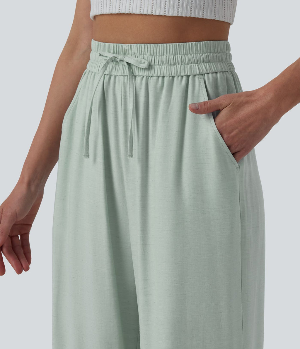 Pantalon casual large fluide mélange lin taille haute avec cordon de serrage et poches