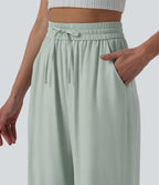 Pantalon casual large mélange lin taille haute avec cordon de serrage et poches
