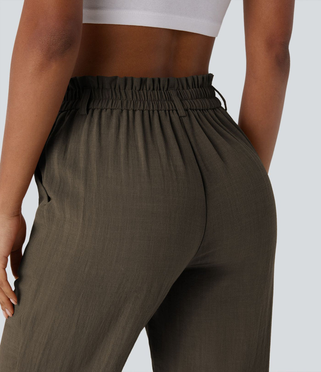 Pantalon capri effet lin taille haute avec poches zippées