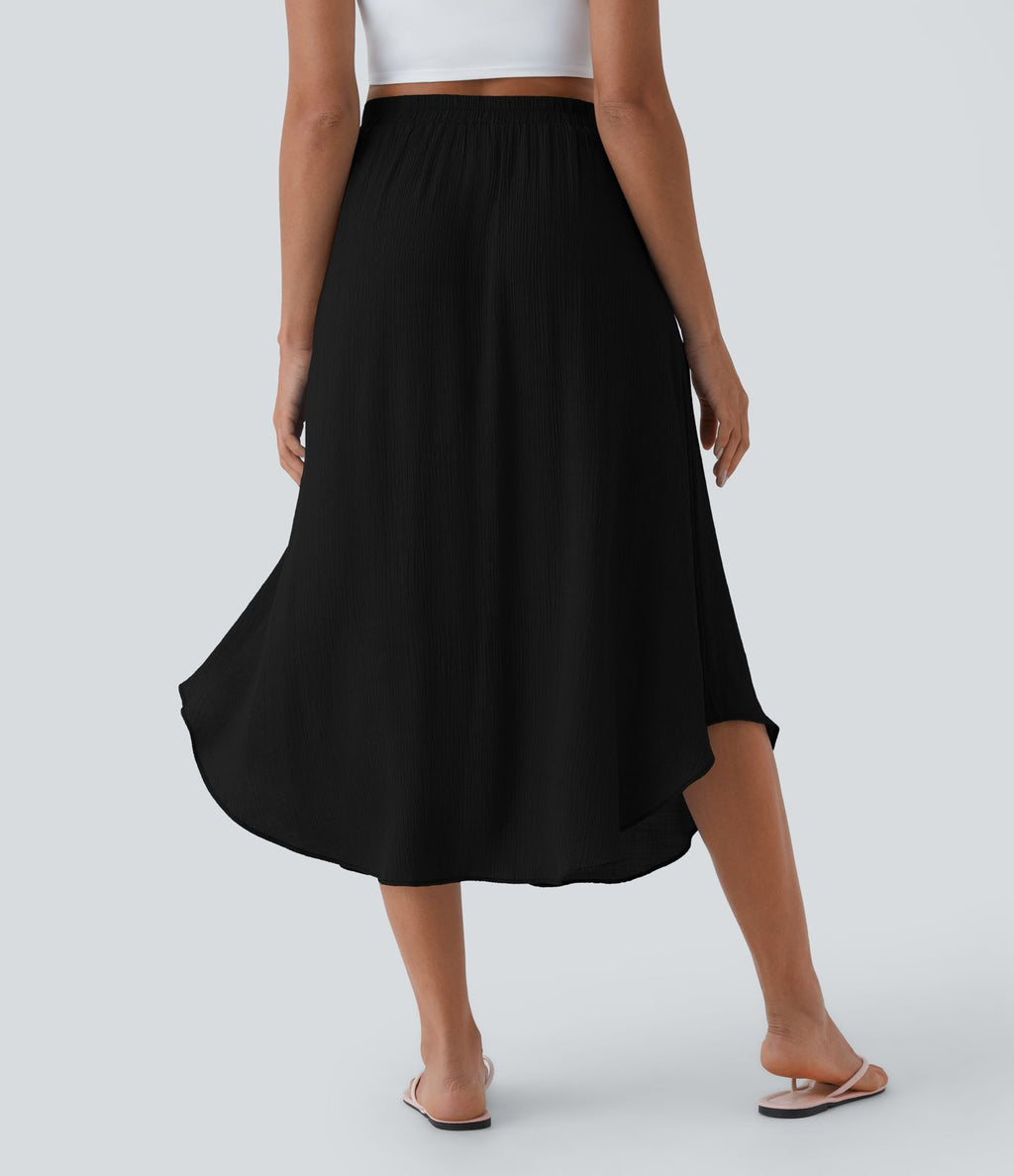 Jupe Midi Fluide Taille Haute Cordon de Serrage Boutonnés Poches Latérales