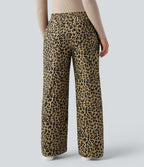 Pantalon léopard ample décontracté velours côtelé imprimé taille haute avec poches