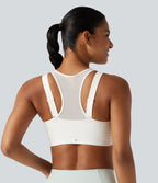 Brassière de sport d'entraînement maintien moyen col rond échancré dos nageur avec fermeture éclair, mesh contrasté et coussinets non amovibles