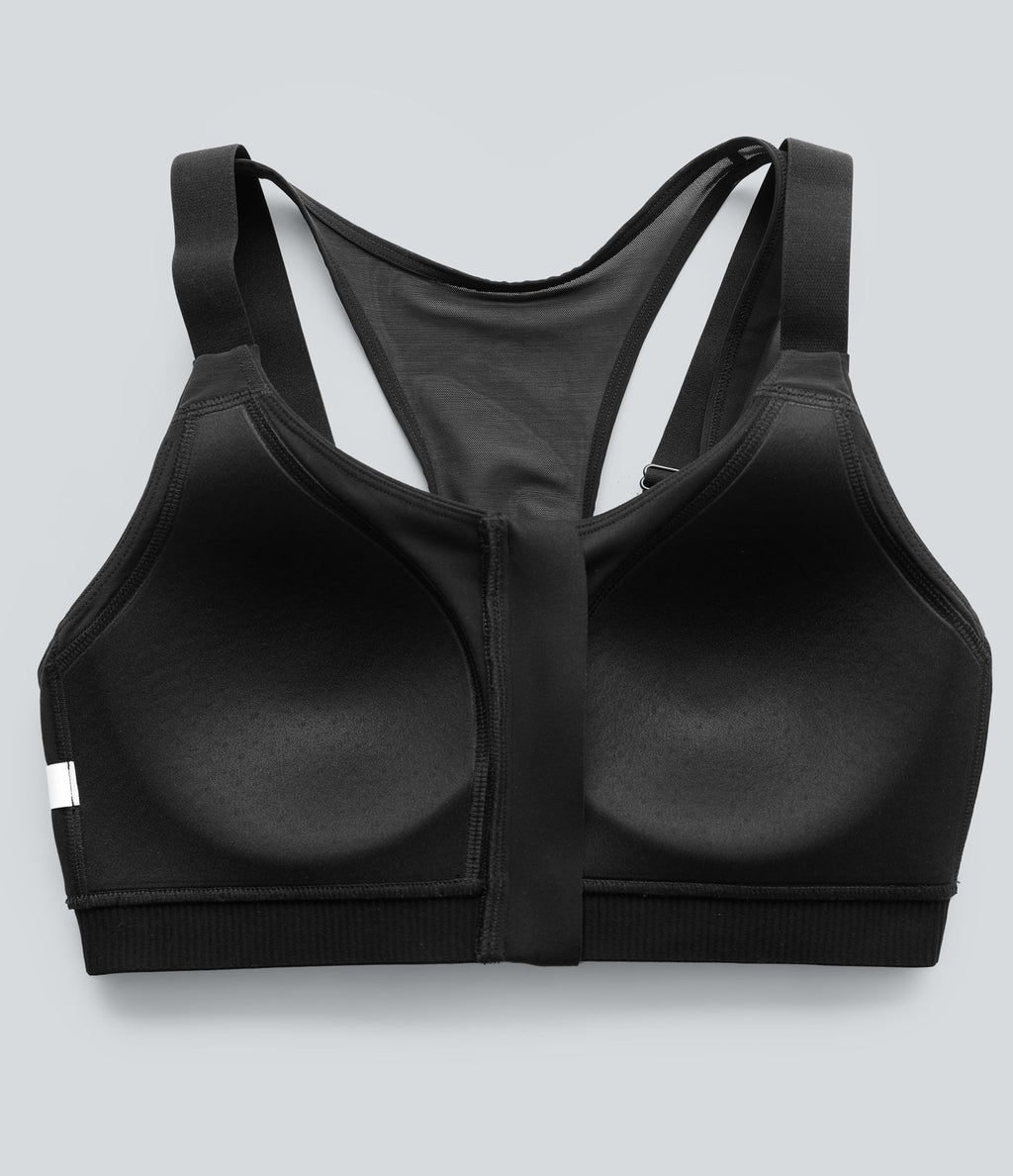 Brassière de sport d'entraînement maintien moyen col rond échancré dos nageur avec fermeture éclair, mesh contrasté et coussinets non amovibles
