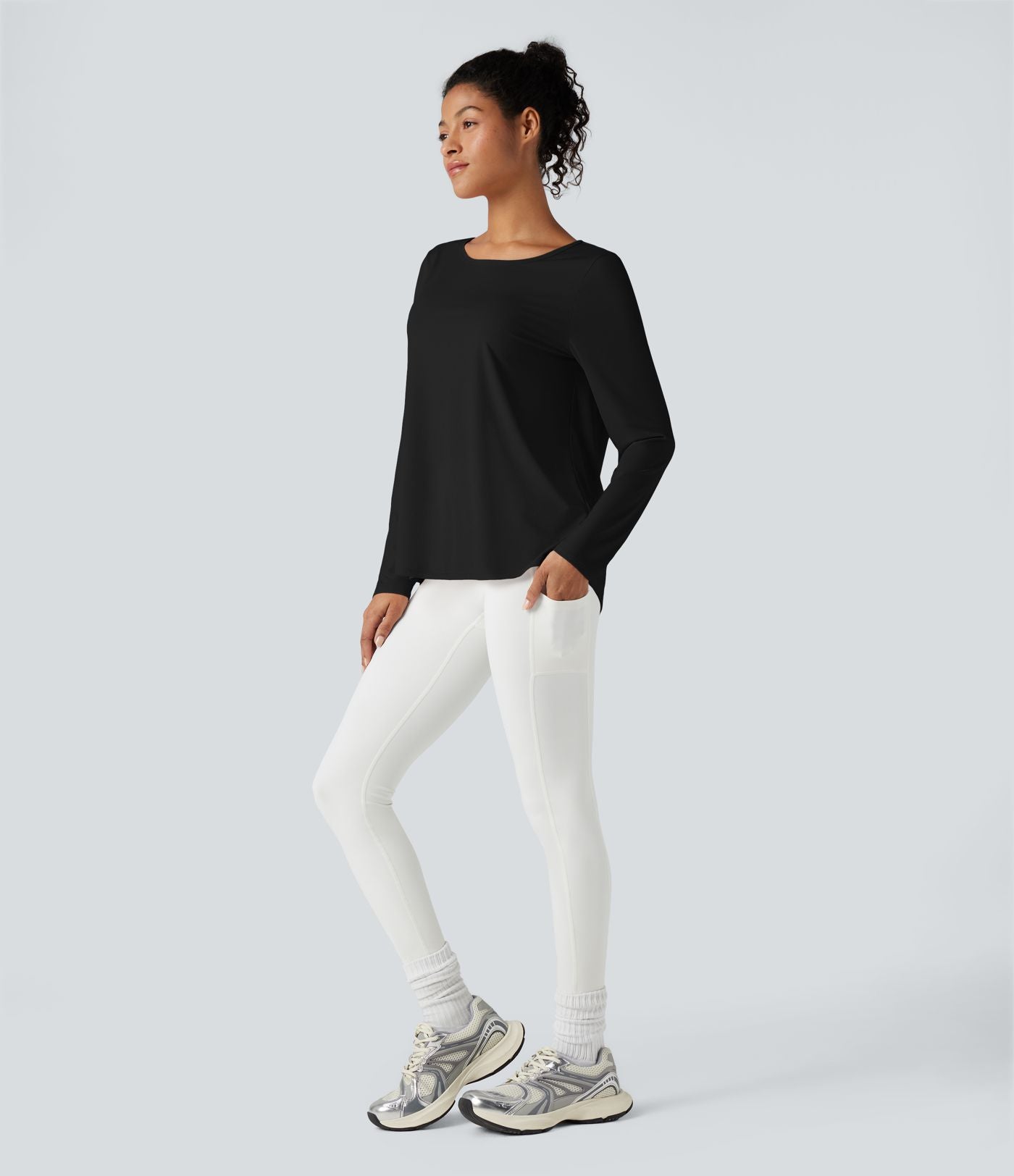 Top de sport yoga décontracté col échancré manches longues fendu